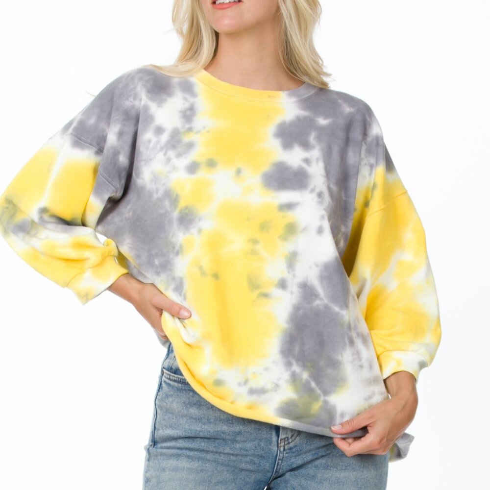 Vintage Soft Ballon Sleeve Pullover Sweatshirt - Yellow Tie Dye